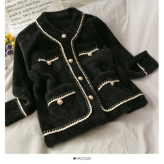 New Mink Cashmere Loose Sweater Cardigan Jacket Women Autumn and Winter Short Bright Silk Stripe Thickened Knitted Top Coat