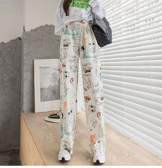 Large Size Female Bohemian Printed Irregular Split Fashion New Casual Retro Elastic Waist Was Thin Drape Wide-Leg Pants
