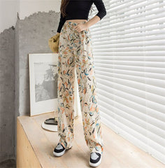 Large Size Female Bohemian Printed Irregular Split Fashion New Casual Retro Elastic Waist Was Thin Drape Wide-Leg Pants