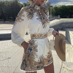 Lizakosht Vintage Pattern Print Women Turtleneck Suit Elegant Buttoned Pullover Tops+Pocket Shorts Set Fashion Lady Two Piece Sets Outfits