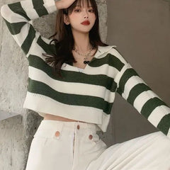 Mozuleva New 2021 Autumn Winter Women Sweater Polo Collar Pullovers Knitted Striped Korean Elegant Wild Ladies Jumpers