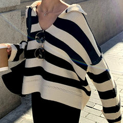 Mozuleva New 2021 Autumn Winter Women Sweater Polo Collar Pullovers Knitted Striped Korean Elegant Wild Ladies Jumpers