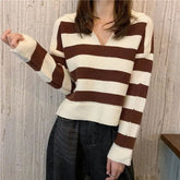 Mozuleva New 2021 Autumn Winter Women Sweater Polo Collar Pullovers Knitted Striped Korean Elegant Wild Ladies Jumpers