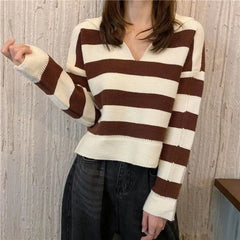 Mozuleva New 2021 Autumn Winter Women Sweater Polo Collar Pullovers Knitted Striped Korean Elegant Wild Ladies Jumpers