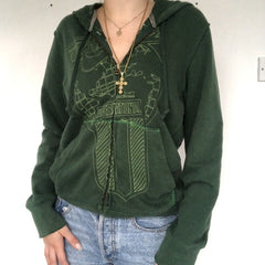 Y2K Aesthetic Women Hoodies With Pockets Vintage Graphic Printed Zipper Coat Top E-girl Sweatshirt Green Autumn Fairy Grunge