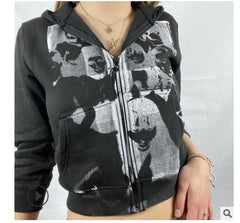 Y2K Aesthetic Women Hoodies With Pockets Vintage Graphic Printed Zipper Coat Top E-girl Sweatshirt Green Autumn Fairy Grunge