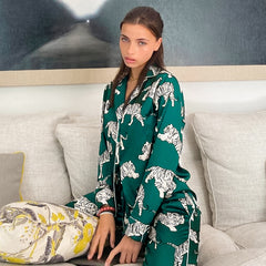 HiLoc Animal Print Pajama Feminino Summer Nightwear Trouser Suits Satin Set Woman 2 Pieces Long Sleeve Sleep Tops Nightie Pajama