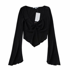 Summer new retro threaded trumpet sleeves micro-beam corset V-neck T-shirt women, sexy fungus pleated short top T-shirt women