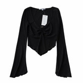 Summer new retro threaded trumpet sleeves micro-beam corset V-neck T-shirt women, sexy fungus pleated short top T-shirt women