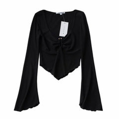Summer new retro threaded trumpet sleeves micro-beam corset V-neck T-shirt women, sexy fungus pleated short top T-shirt women