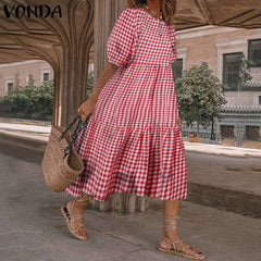 Summer Dress VONDA 2021 Women Casual Short Sleeve Vintage Plaid Printed Sundress Loose Pleat Mid-Calf Dresses Femme Party Robe