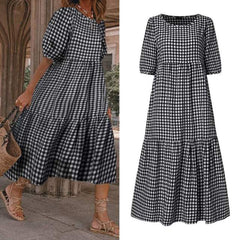 Summer Dress VONDA 2021 Women Casual Short Sleeve Vintage Plaid Printed Sundress Loose Pleat Mid-Calf Dresses Femme Party Robe