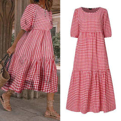 Summer Dress VONDA 2021 Women Casual Short Sleeve Vintage Plaid Printed Sundress Loose Pleat Mid-Calf Dresses Femme Party Robe