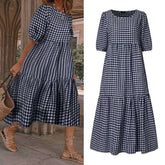 Summer Dress VONDA 2021 Women Casual Short Sleeve Vintage Plaid Printed Sundress Loose Pleat Mid-Calf Dresses Femme Party Robe