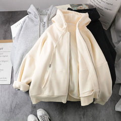 Lazy Plush And Thick Zipper Autumn Winter Fashion Women's Sweatshirts Hoodie Coats 2021 Korean Plain Long Sleeve Women