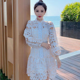Runway Designer Spring Lace Party Dress 2021 New Women Lantern Sleeve Hollow Out Dress Fashion Holiday Belt Mini Dresses