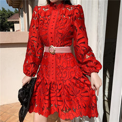Runway Designer Spring Lace Party Dress 2021 New Women Lantern Sleeve Hollow Out Dress Fashion Holiday Belt Mini Dresses