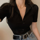 WOMENGAGA Knitted T Shirt Women Summer Tops Thin Polo Collar Buttons V Neck Short Tight 2021 New Pink Short Sleeve Top Tees 2QX1