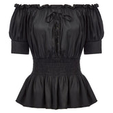 retro Women shirt gothic punk Medieval Tops 1/2 Sleeve Off Shoulder Straight Neck Smocked Waist solid summer rockabilly blouse