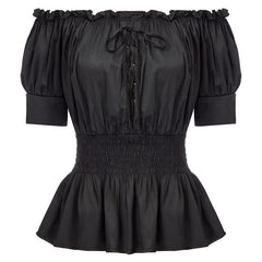 retro Women shirt gothic punk Medieval Tops 1/2 Sleeve Off Shoulder Straight Neck Smocked Waist solid summer rockabilly blouse