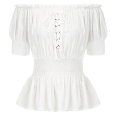 retro Women shirt gothic punk Medieval Tops 1/2 Sleeve Off Shoulder Straight Neck Smocked Waist solid summer rockabilly blouse