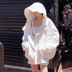 White Jacket Basic Coats 2021 Summer Loose Large Size Female Windbreaker Jacket Harajuku Hooded Student BF Coat Oversize QT93