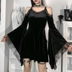 Rosetic Fashion Autumn Velvet Flared Sleeve Short Dress Women Vintage Sexy Cut Out Gothic Designer Dresses Women's Clothing 021