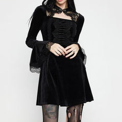 Rosetic Fashion Autumn Velvet Flared Sleeve Short Dress Women Vintage Sexy Cut Out Gothic Designer Dresses Women's Clothing 021