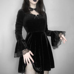 Rosetic Fashion Autumn Velvet Flared Sleeve Short Dress Women Vintage Sexy Cut Out Gothic Designer Dresses Women's Clothing 021