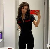 Lizakosht Green Zipper Velvet Jumpsuits For Women Sexy Short Sleeve Wide Legs Jumpsuit Autumn Femme Turn-down Collar Outfits