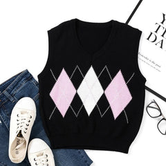 Knitted Vest Vangull Argyle Fashion Women Casual Korean Pullover Elasticity Sweater Spring Autumn Sleeveless V-Neck Tank Tops