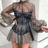 New Design 2 Pieces Summer Dress Women's Black Sexy Corset Long Retro Slim Mesh Mesh Dress Elegant Ladies Club Dress Beach Party