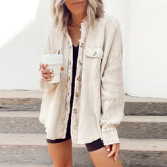 Lizakosht  Elegant Solid Color Ribbed Tops Lady Jackets Autumn Winter Fashion Breasted Button Women Coats Casual Loose Long Sleeve Outwears