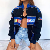 Spring Autumn Fashion Sports Baseball Style Blue Letter Print Stand Loose Jacket Coat Women Harajuku Plus Size Streetwear