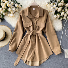 Women 2021 Autumn Winter Shirts Retro Cargo Style Pockets Long-Sleeved Shirt Puff Sleeve Bandage Nipped Waist Tops Female PL438