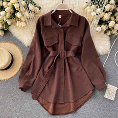 Women 2021 Autumn Winter Shirts Retro Cargo Style Pockets Long-Sleeved Shirt Puff Sleeve Bandage Nipped Waist Tops Female PL438