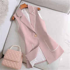 Spring Autumn Women Vintage Long Blazer Vest Chic Single Button Sleeveless Suit Female Jacket Outwear Waistcoat Tops
