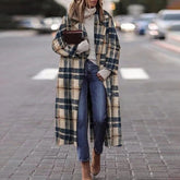 Fashion Casual Long Sleeve Winter Women Warm Jackets Vintage Printed Tweed Long Cardigan New Lady Elegant Lapel Pocket Outerwear