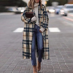 Fashion Casual Long Sleeve Winter Women Warm Jackets Vintage Printed Tweed Long Cardigan New Lady Elegant Lapel Pocket Outerwear