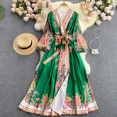 Summer new temperament design printing Dress V-neck vintage lace woman dress Lantern sleeve dresses for women 2021