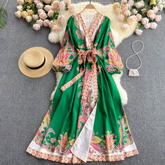 Summer new temperament design printing Dress V-neck vintage lace woman dress Lantern sleeve dresses for women 2021