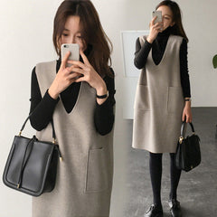 Autumn Winter Women V Neck Vest Dress Female Sleeveless Loose Casual Jumper Oversized 5XL Two-piece Set Dress Set Q76