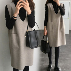 Autumn Winter Women V Neck Vest Dress Female Sleeveless Loose Casual Jumper Oversized 5XL Two-piece Set Dress Set Q76