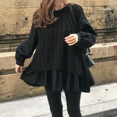Autumn Vest Stitching Shirt Fake Two-piece Temperament Korean Women New Loose Casual Pullover Lady Round Neck Fashion Tops