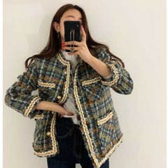Lizakosht  Knitting Slim Woolen Jackets Women Vintage Tweed Coat Outerwear Coats Channel Style Za Suit Cropped Stripeed Kawaii