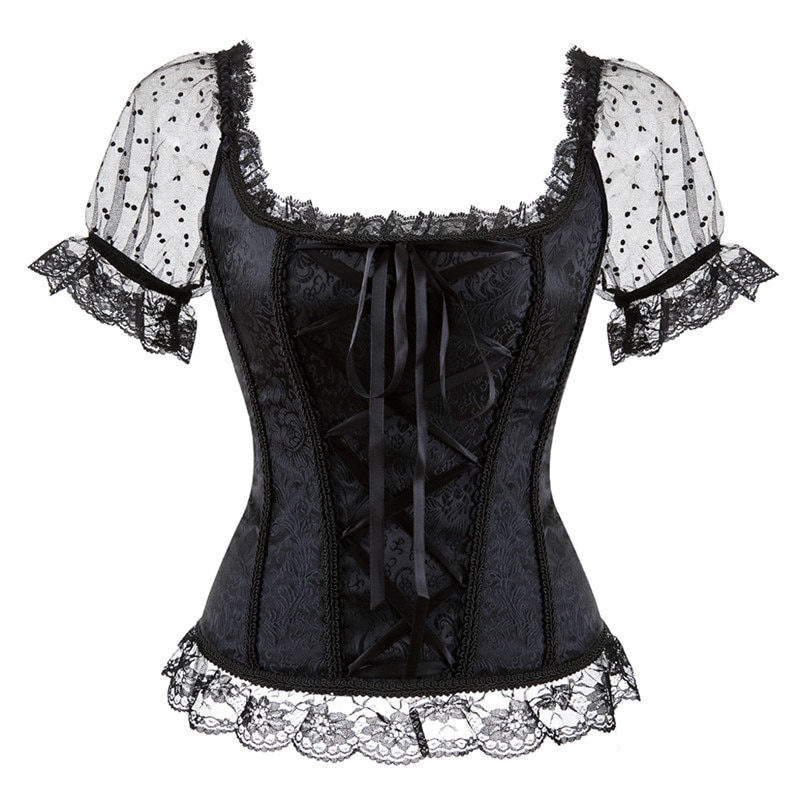 Lizakosht Summer Shirts Women Steampunk Lace Patchwork Tops Short Sleeves Stand Collar Tops Vintage Party Cocktail Gothic Retro Blouse New