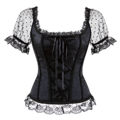 Lizakosht Summer Shirts Women Steampunk Lace Patchwork Tops Short Sleeves Stand Collar Tops Vintage Party Cocktail Gothic Retro Blouse New