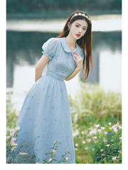 Lizakosht French Vintage Embroidery Dresses for Women's High Quality Short Sleeve Vestidos Blue Summer Peter pan Collar Sweet Dress