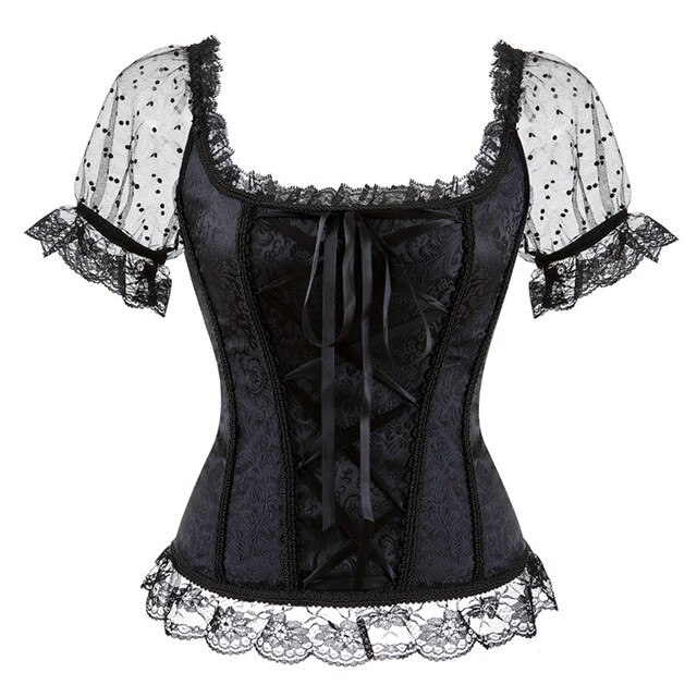Lizakosht Summer Shirts Women Steampunk Lace Patchwork Tops Short Sleeves Stand Collar Tops Vintage Party Cocktail Gothic Retro Blouse New