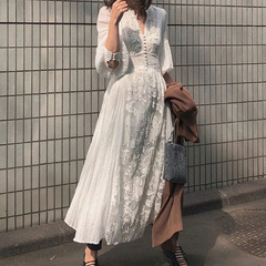 Lizakosht White Floral Embroidery Maxi Dress Vintage Boho Long Lantern Sleeve Dress Women V-neck Holiday Sexy Ladies Dresses